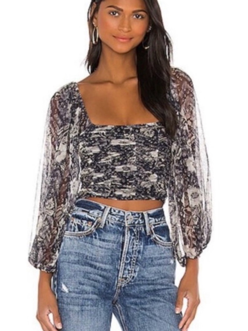 Free people NWT Lilia crop long sleeve top size xs. Navy. Sheer sleeves.
